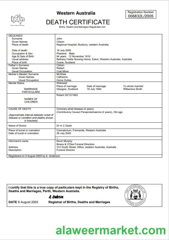 Australia Western Australia death certificate template in Word